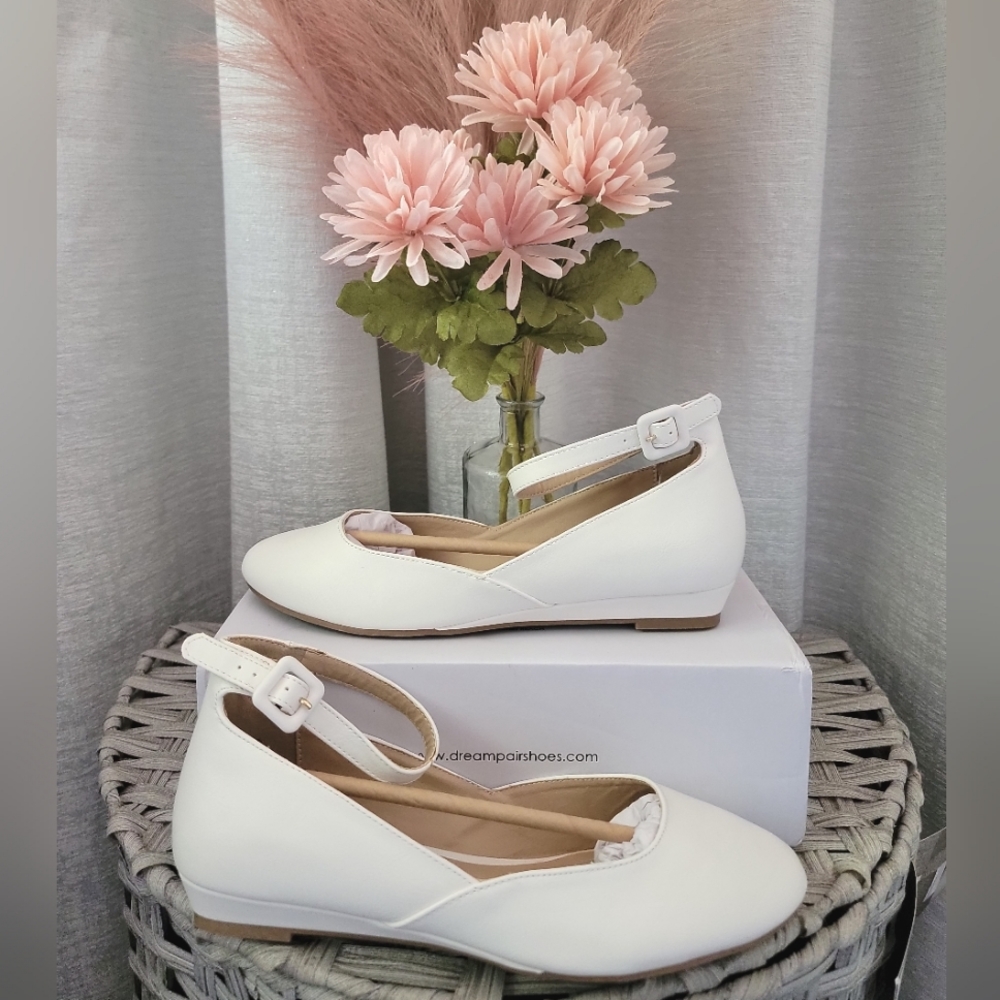 White Low Wedge Ankle Strap Flats | Matte Faux Leather | Cute Office Shoes |